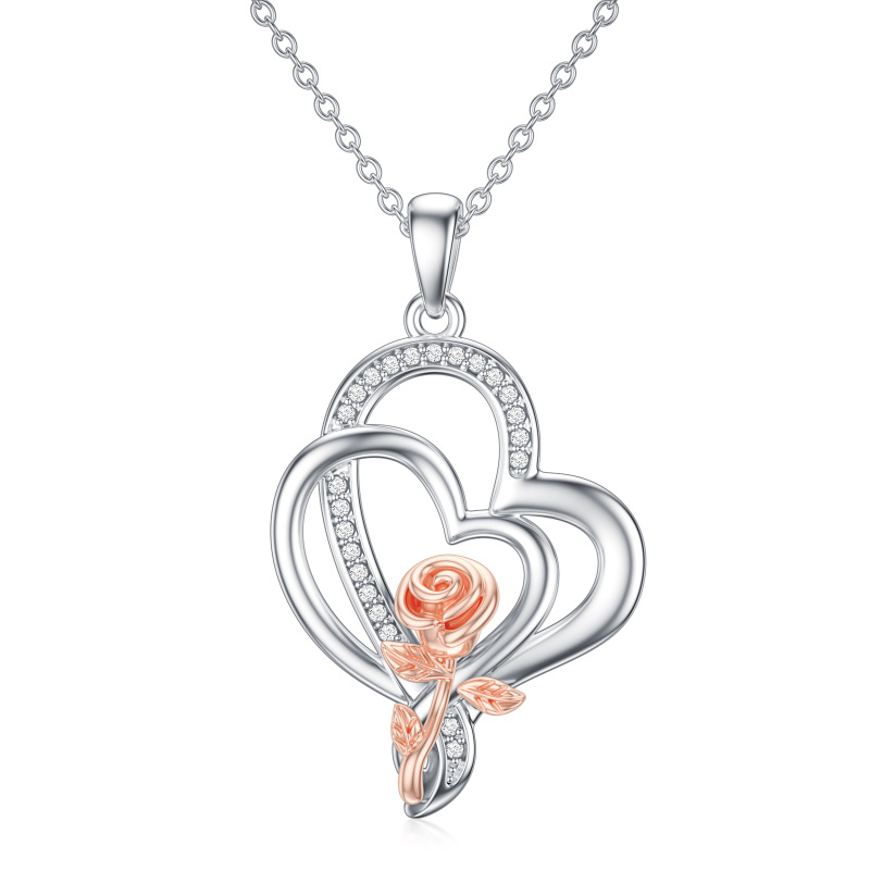 Sterling Silver Two-tone Round Diamond Rose Pendant Necklace-18