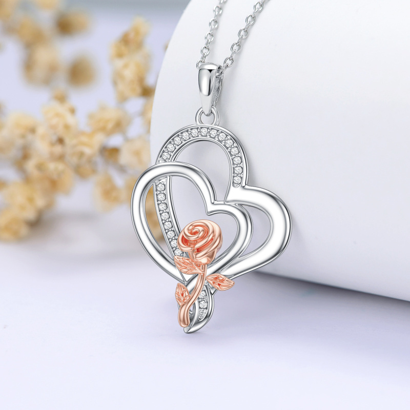 Sterling Silver Two-tone Round Diamond Rose Pendant Necklace-3