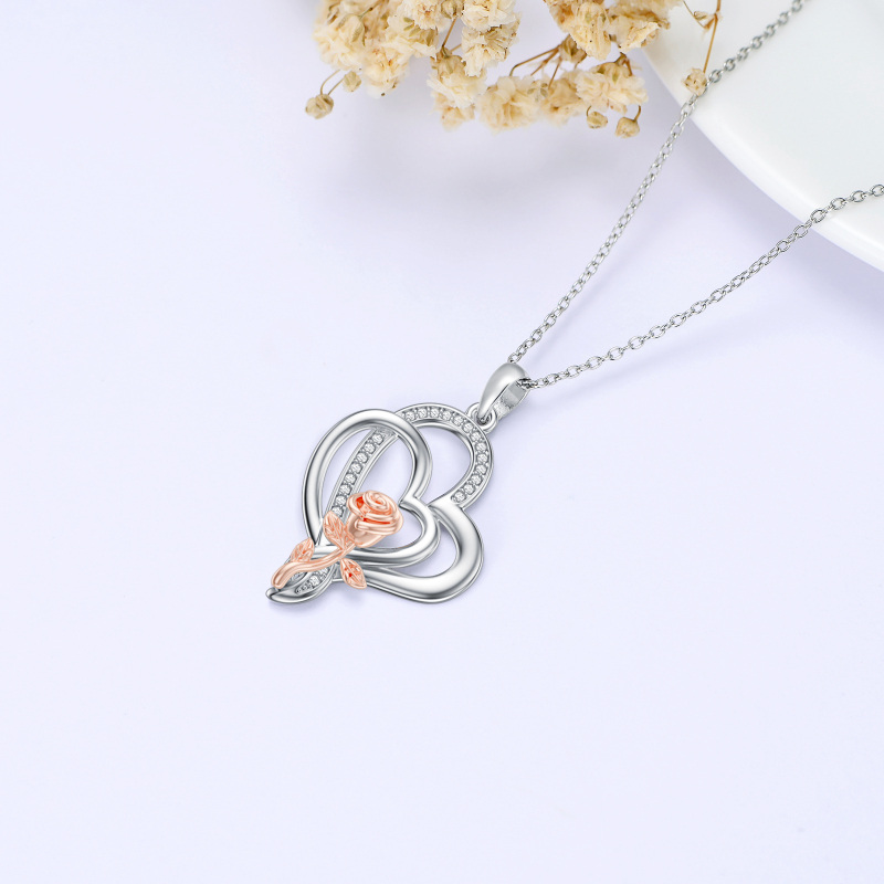 Sterling Silver Two-tone Round Diamond Rose Pendant Necklace-4
