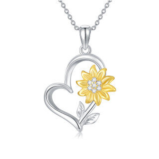 Sterling Silver Two-tone Round Diamond Sunflower & Heart Pendant Necklace-29