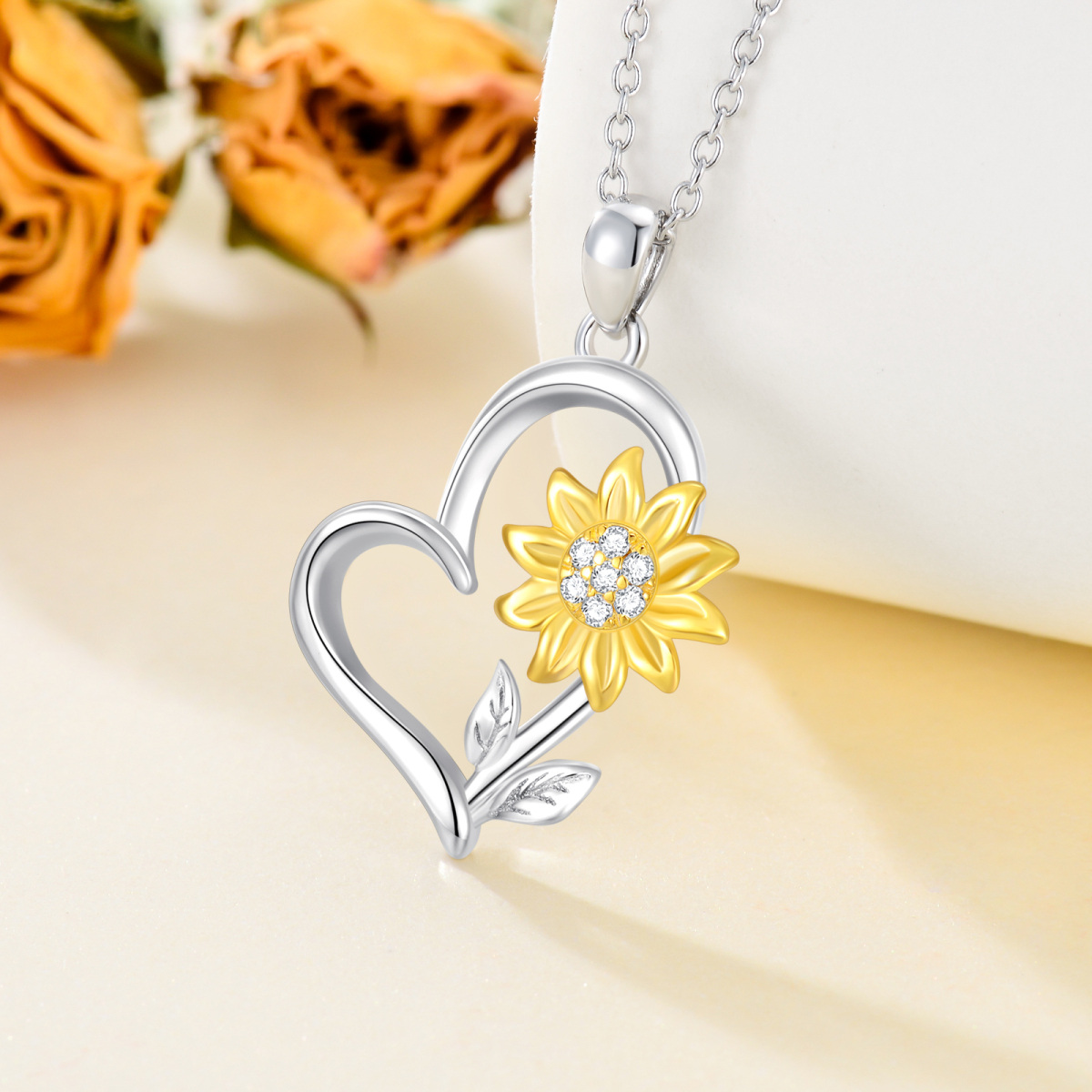 Sterling Silver Two-tone Round Diamond Sunflower & Heart Pendant Necklace-3