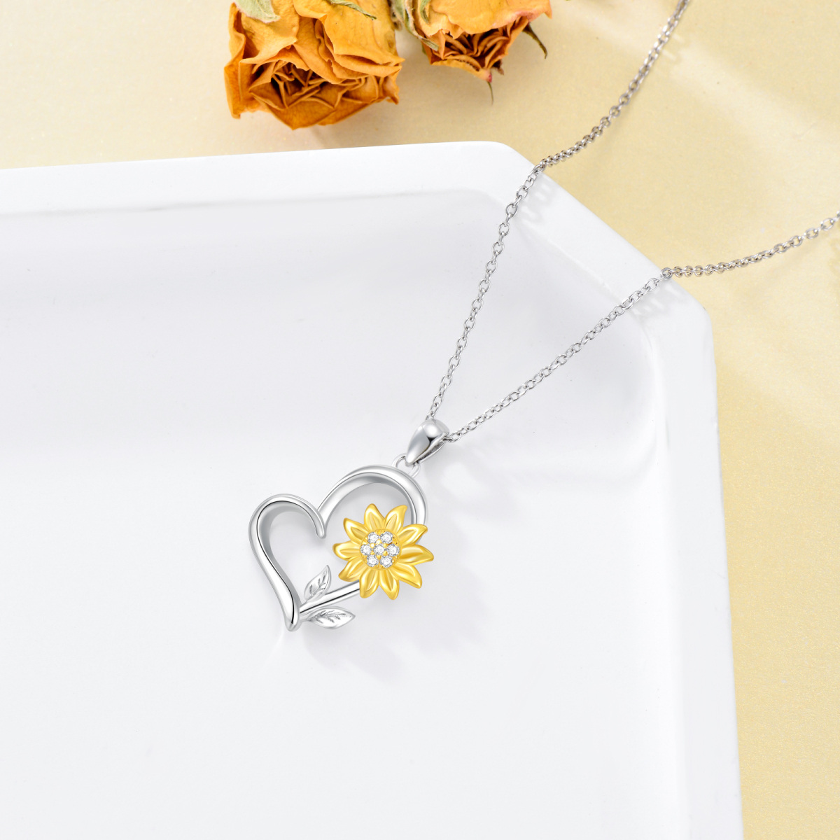 Sterling Silver Two-tone Round Diamond Sunflower & Heart Pendant Necklace-4