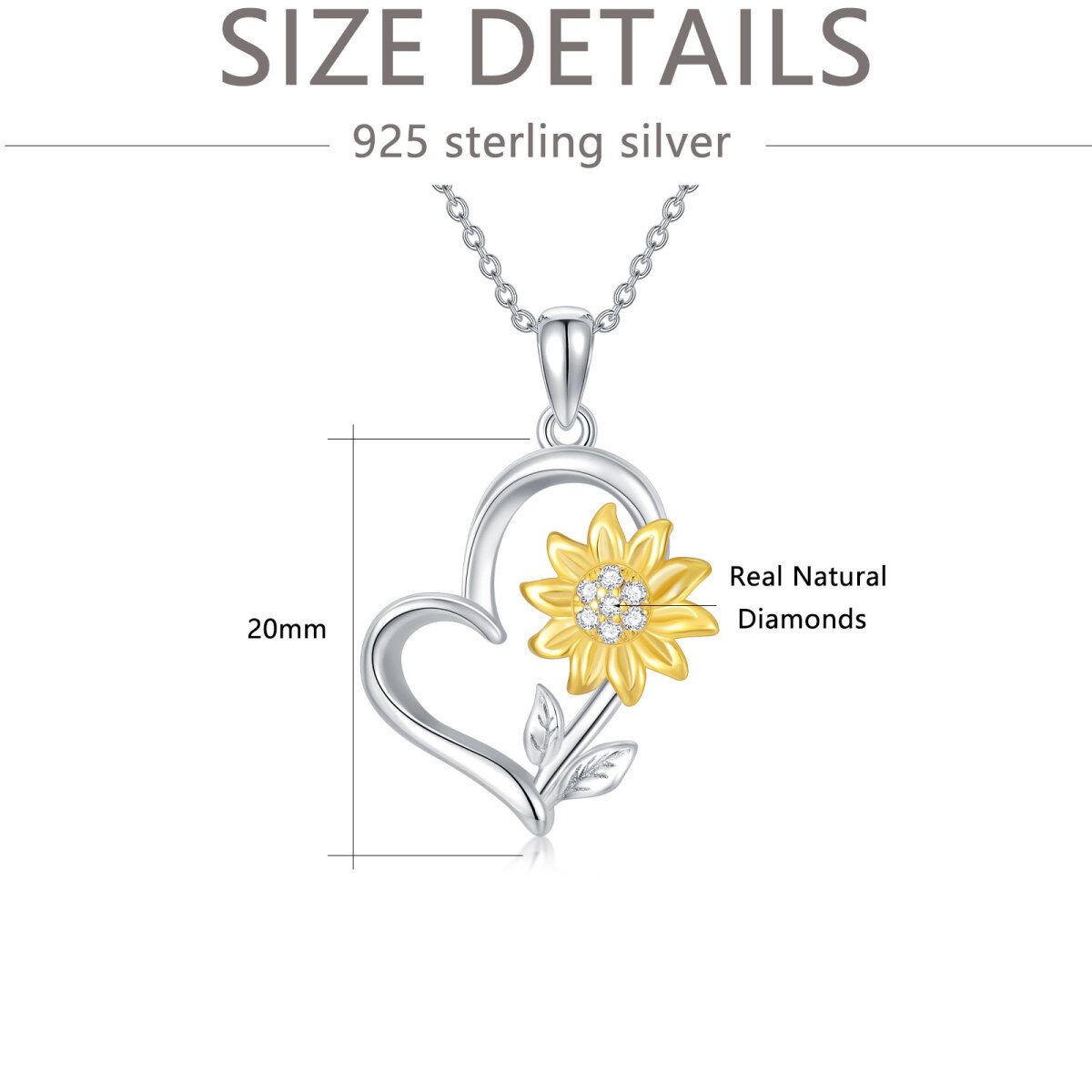 Collier avec pendentif cœur tournesol en argent sterling et diamants ronds bicolores-5