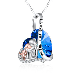 Sterling Silver Two-tone Round Dog & Heart Crystal Pendant Necklace with Engraved Word-25