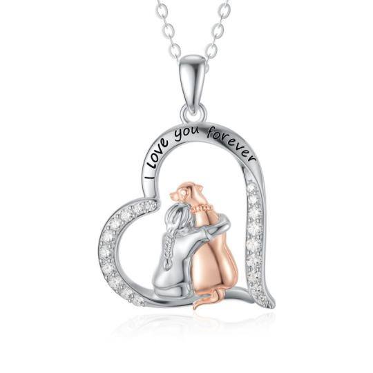 Sterling zilveren tweekleurige ronde cubic zirkonia hond & hart hanger ketting met gegraveerd woord