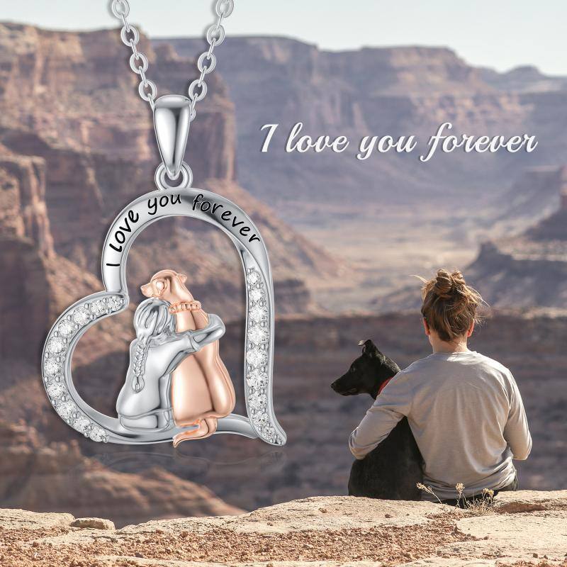 Sterling Silver Two-tone Round Cubic Zirconia Dog & Heart Pendant Necklace with Engraved Word-3