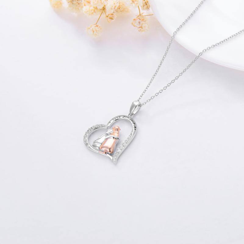 Sterling Silver Two-tone Round Cubic Zirconia Dog & Heart Pendant Necklace with Engraved Word-5