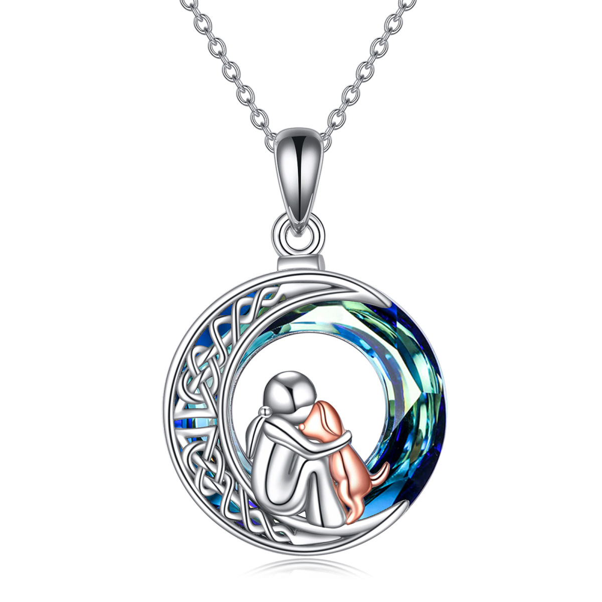 Sterling Silver Two-tone Round Dog & Moon Crystal Pendant Necklace-1