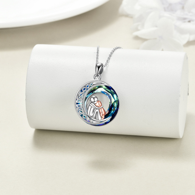 Sterling Silver Two-tone Round Dog & Moon Crystal Pendant Necklace-3