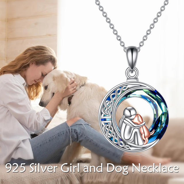 Sterling Silver Two-tone Round Dog & Moon Crystal Pendant Necklace-6