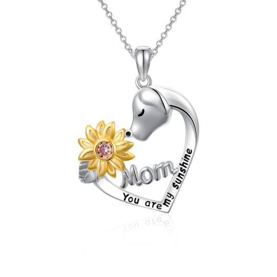 Collana con ciondolo cane e girasole in argento sterling bicolore rotondo con zirconi cubici per la mamma