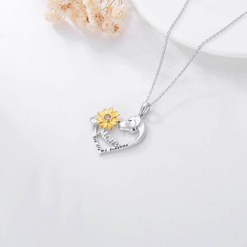 Sterling Silver Two-Tone Round Cubic Zirconia Dog & Sunflower Pendant Necklace For Mother-4