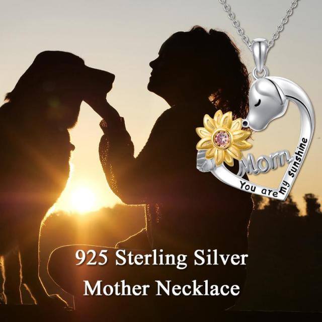 Sterling Silver Two-tone Round Cubic Zirconia Dog & Sunflower & Heart Pendant Necklace with Engraved Word-5