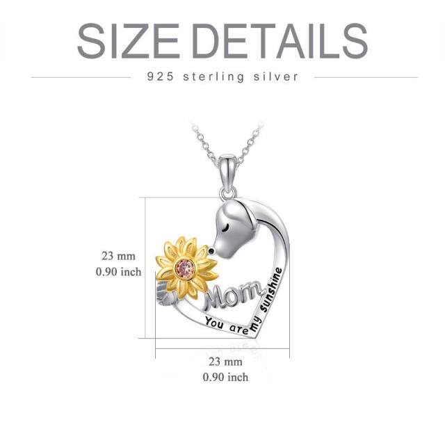 Sterling Silver Two-tone Round Cubic Zirconia Dog & Sunflower & Heart Pendant Necklace with Engraved Word-6