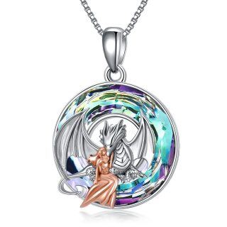 Sterling Silver Two-tone Round Dragon Crystal Pendant Necklace-55