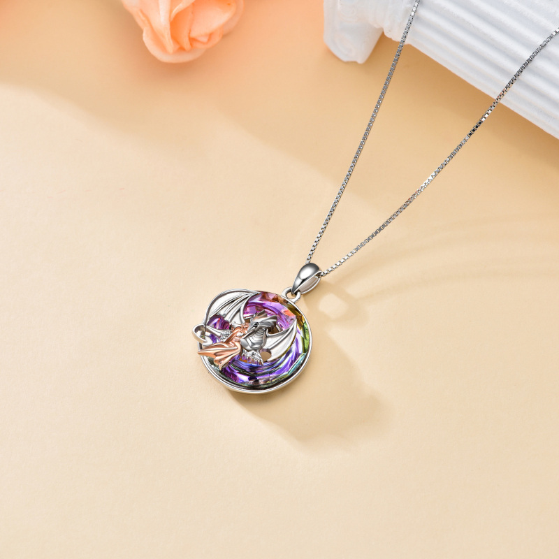 Sterling Silver Two-tone Round Dragon Crystal Pendant Necklace-4