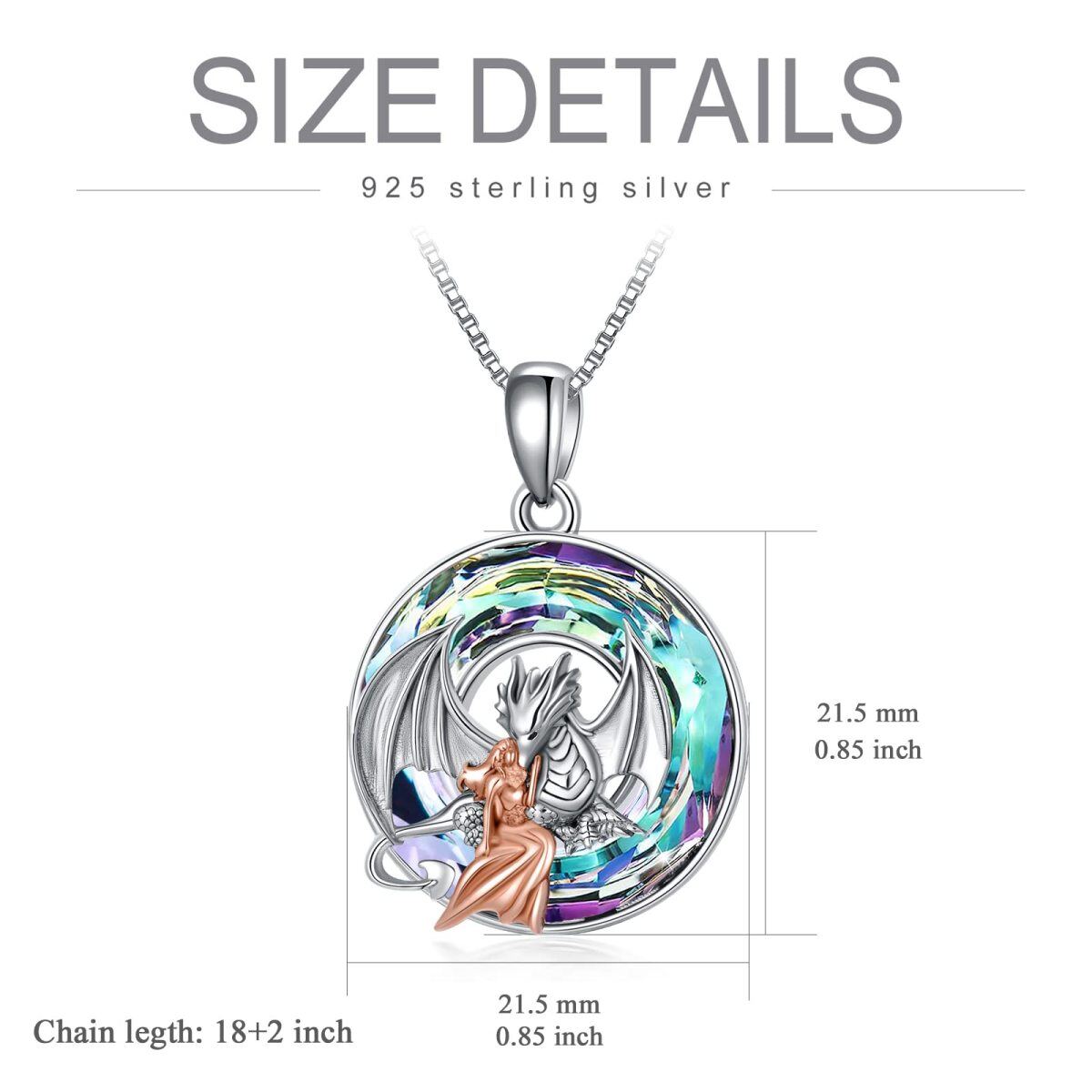 Sterling Silver Two-tone Round Dragon Crystal Pendant Necklace-5