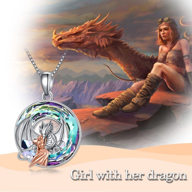 Sterling Silver Two-tone Round Dragon Crystal Pendant Necklace-6