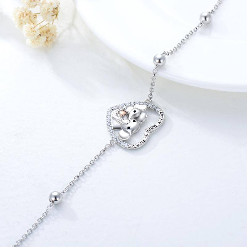 Sterling Silver Two-tone Round Elephant Charm Bracelet with Engraved Word-2