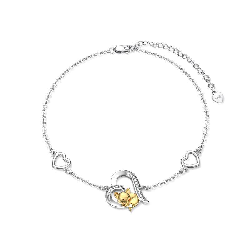 Sterling Silver Two-tone Round Cubic Zirconia Fox & Heart Charm Bracelet-1