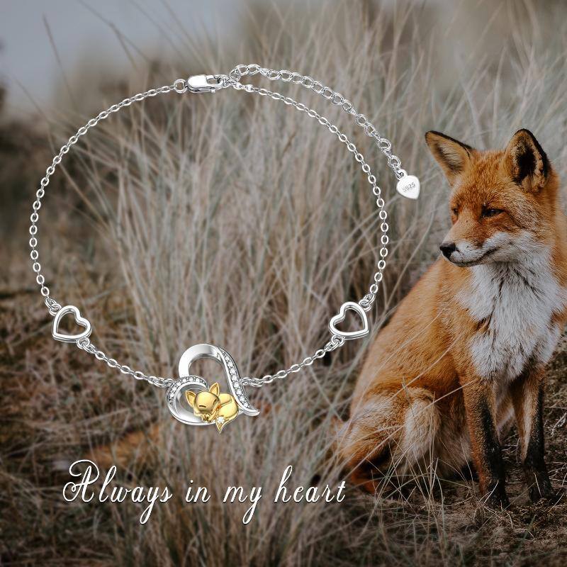 Sterling Silver Two-tone Round Cubic Zirconia Fox & Heart Charm Bracelet-6