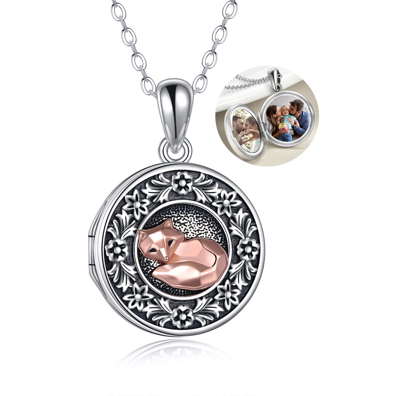 Sterling Silver Two-tone Round Fox Personalized Photo Locket Necklace-18