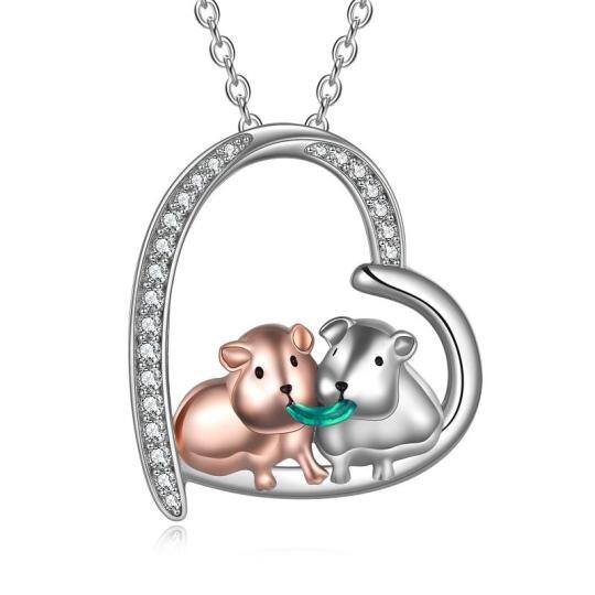 Sterling zilveren tweekleurige ronde cubic zirkonia cavia & hart hanger ketting