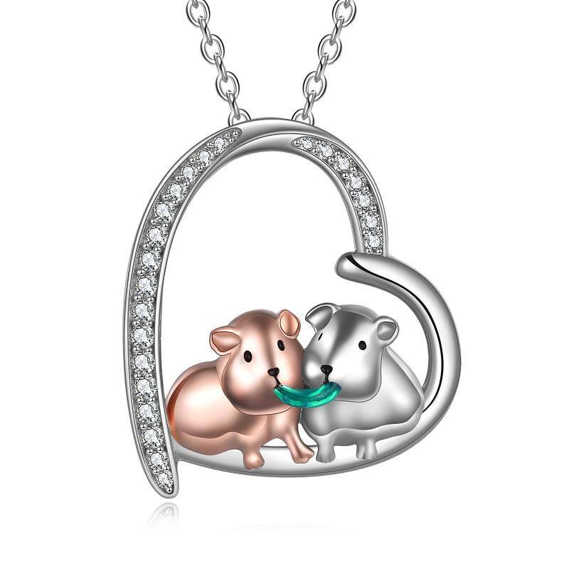 Sterling Silver Two-tone Round Cubic Zirconia Guinea Pig & Heart Pendant Necklace