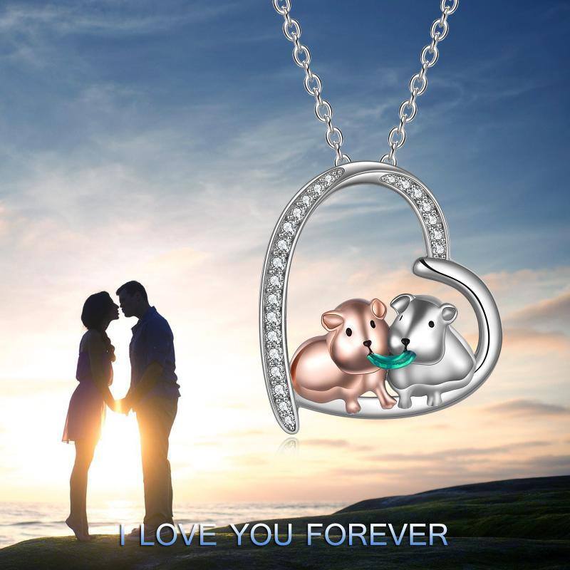 Sterling Silver Two-tone Round Cubic Zirconia Guinea Pig & Heart Pendant Necklace-3