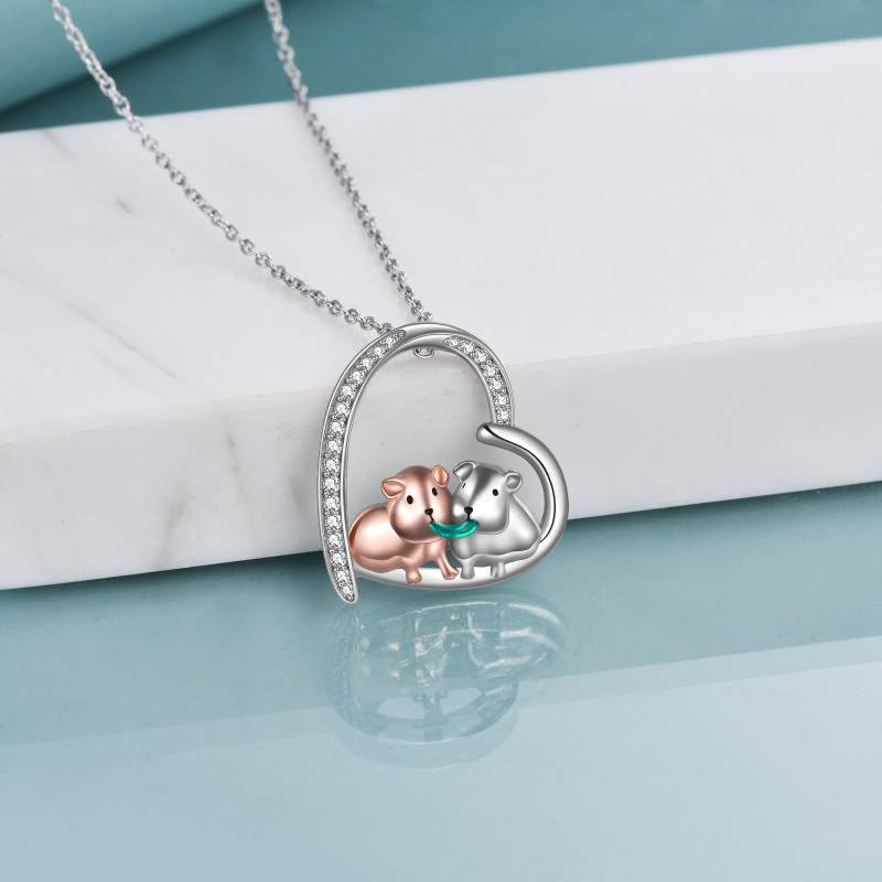 Sterling Silver Two-tone Round Cubic Zirconia Guinea Pig & Heart Pendant Necklace-4