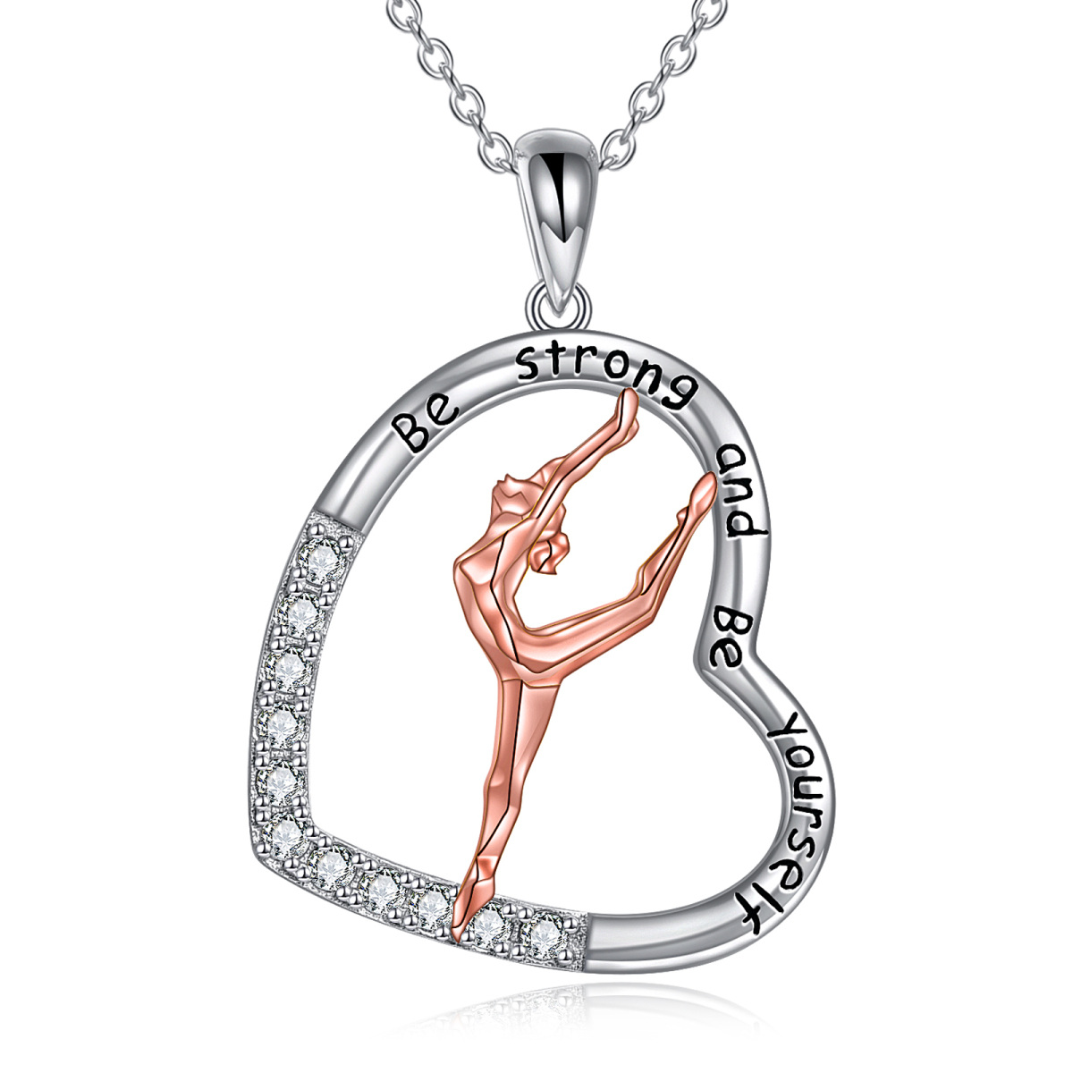 Collana bicolore in argento sterling con ciondolo a cuore e ginnasta con zirconia cubica tonda e parola incisa-1