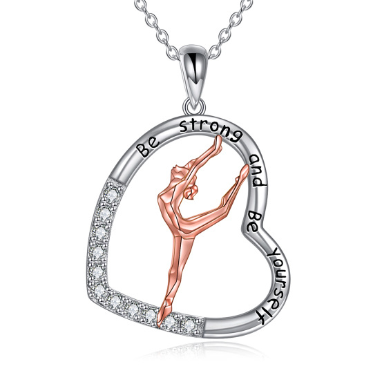 Sterling zilveren tweekleurige ronde cubic zirconia gymnast & hart hanger ketting met gegraveerd woord