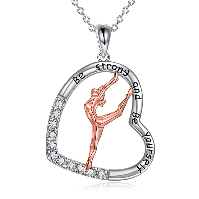 Sterling Silver Two-tone Round Cubic Zirconia Gymnast & Heart Pendant Necklace with Engraved Word-1