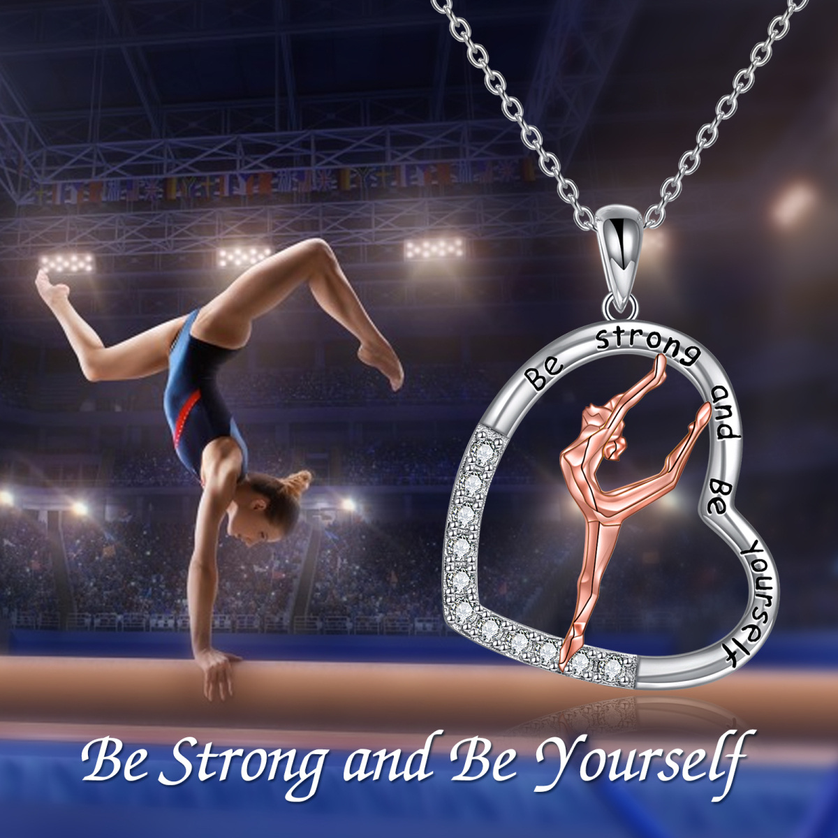 Sterling zilveren tweekleurige ronde cubic zirconia gymnast & hart hanger ketting met gegraveerd woord-3