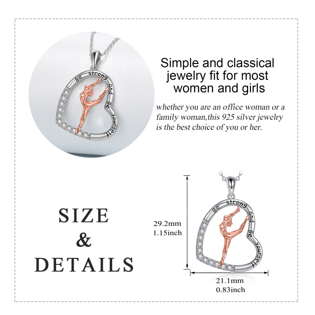 Sterling Silver Two-tone Round Cubic Zirconia Gymnast & Heart Pendant Necklace with Engraved Word-6