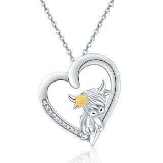 Sterling Silver Two-tone Round Cubic Zirconia Highland Cow & Heart Pendant Necklace-23