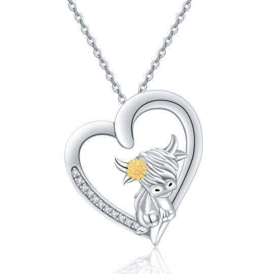 Collana in argento sterling con ciondolo a cuore e mucca Highland con zirconia cubica rotonda bicolore