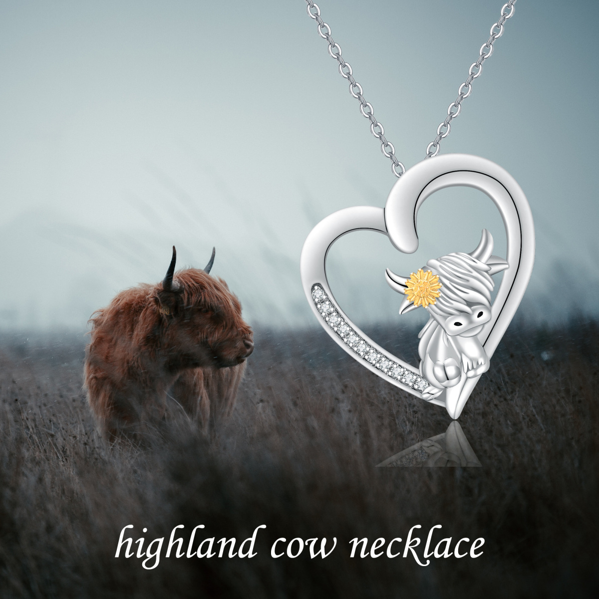 Sterling Silver Two-tone Round Cubic Zirconia Highland Cow & Heart Pendant Necklace-3