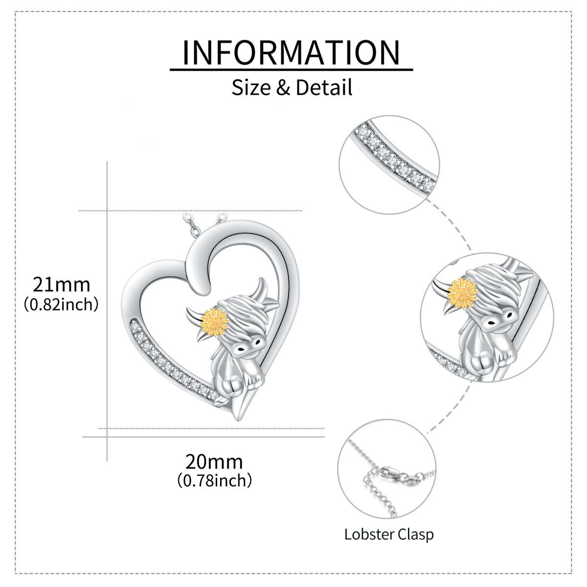 Sterling Silver Two-tone Round Cubic Zirconia Highland Cow & Heart Pendant Necklace-6