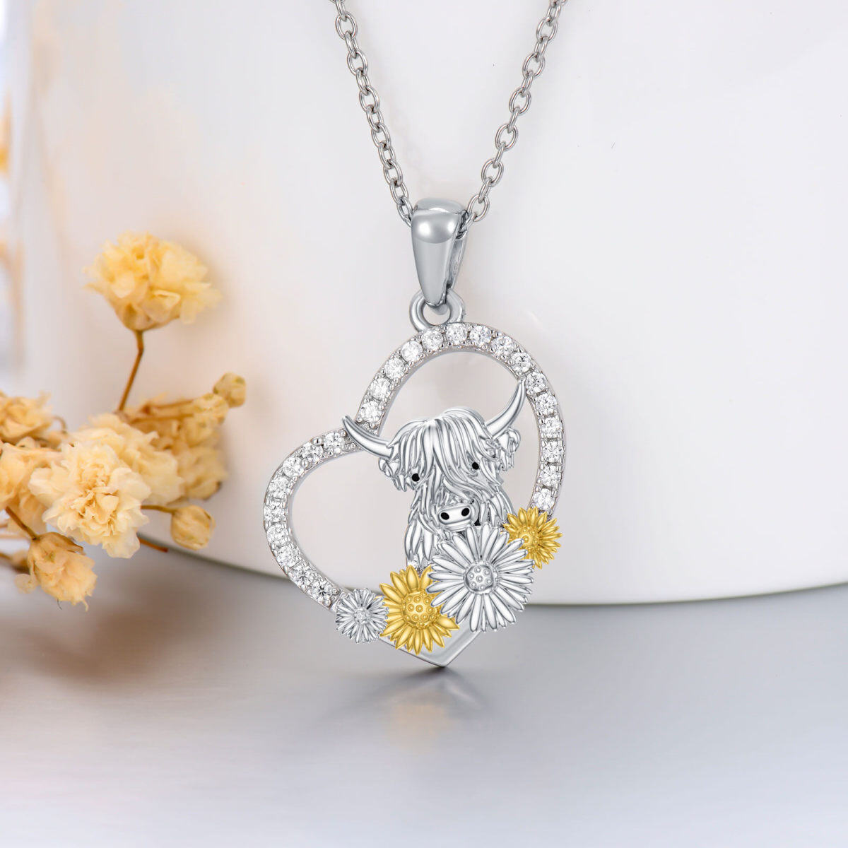 Sterling Silver Two-tone Round Cubic Zirconia Highland Cow & Sunflower & Heart Pendant Necklace-3