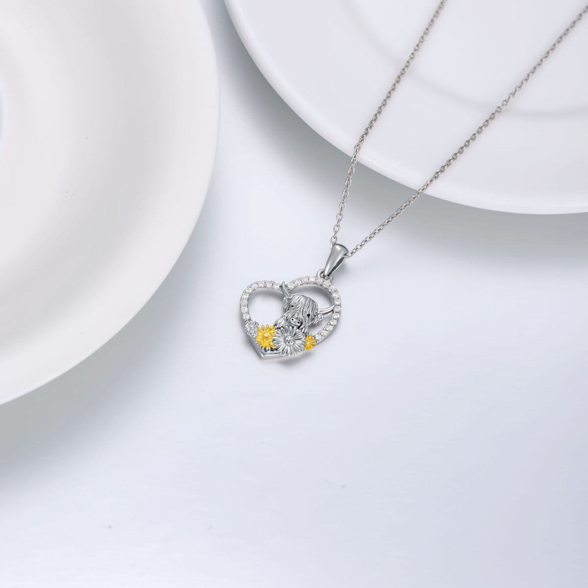 Sterling Silver Two-tone Round Cubic Zirconia Highland Cow & Sunflower & Heart Pendant Necklace-4