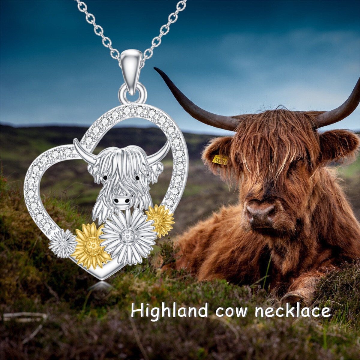 Sterling Silver Two-tone Round Cubic Zirconia Highland Cow & Sunflower & Heart Pendant Necklace-5