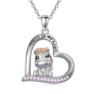 Sterling Silver Two-tone Round Cubic Zirconia Hippo & Heart Pendant Necklace with Engraved Word-2