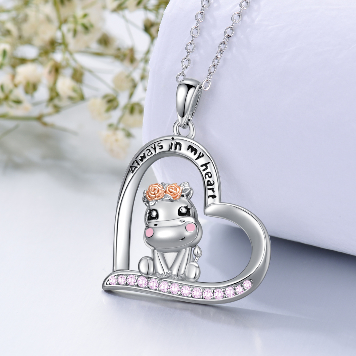 Sterling Silver Two-tone Round Cubic Zirconia Hippo & Heart Pendant Necklace with Engraved Word-3