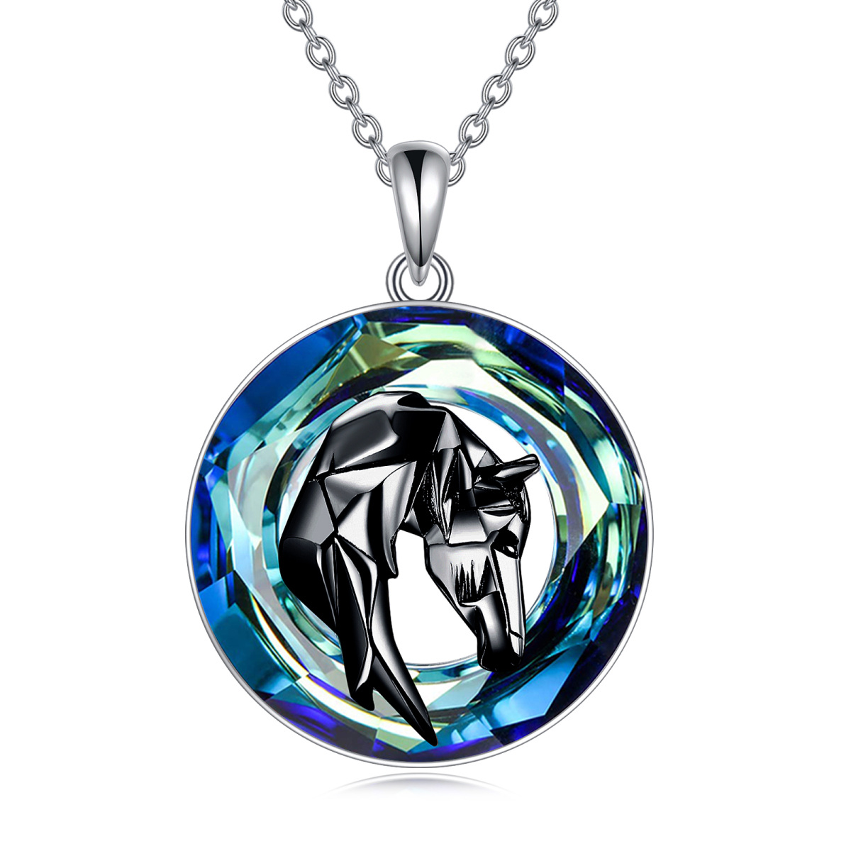 Collier en argent sterling avec pendentif en cristal cheval rond bicolore-1