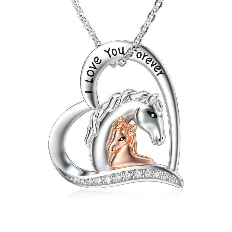 Sterling Silver Two-tone Round Cubic Zirconia Horse & Heart Pendant Necklace with Engraved Word-18
