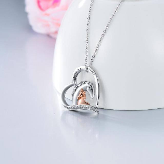 Sterling Silver Two-tone Round Cubic Zirconia Horse & Heart Pendant Necklace with Engraved Word-3