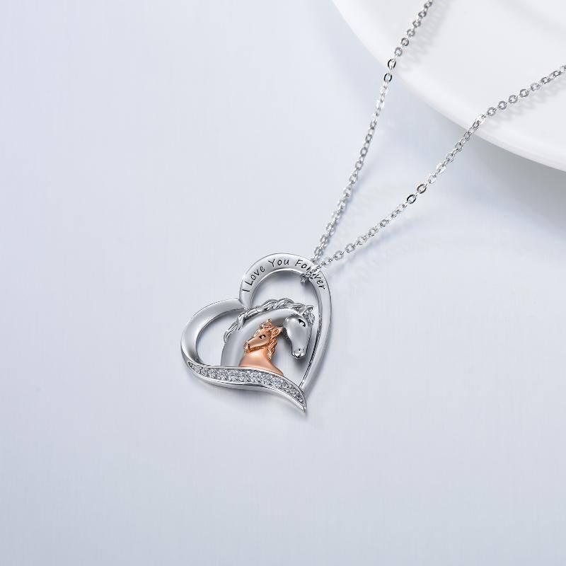 Sterling Silver Two-tone Round Cubic Zirconia Horse & Heart Pendant Necklace with Engraved Word-4