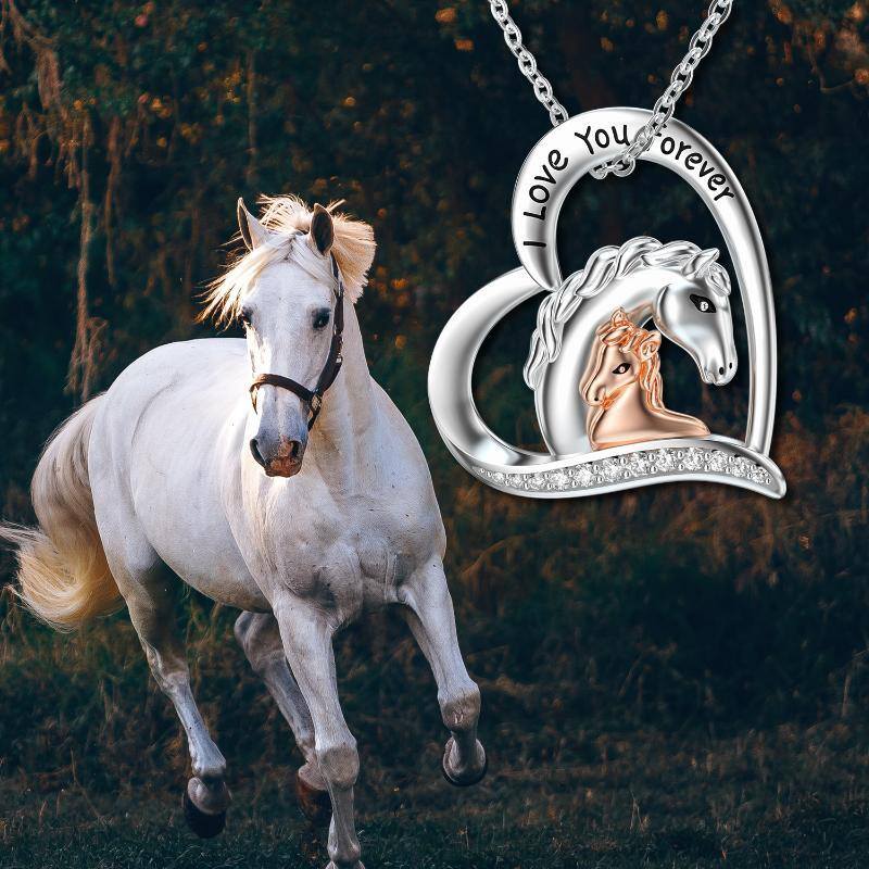 Collar de plata de ley con dos tonos de circonita cúbica redonda, caballo y corazón con pa-5