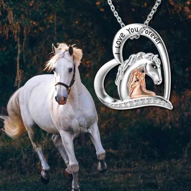 Sterling Silver Two-tone Round Cubic Zirconia Horse & Heart Pendant Necklace with Engraved Word-5